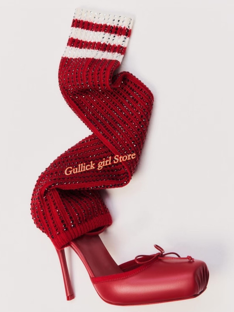 Sock Boot Women - Kırmızı Örgü Kare Burunlu Botlar Kesik